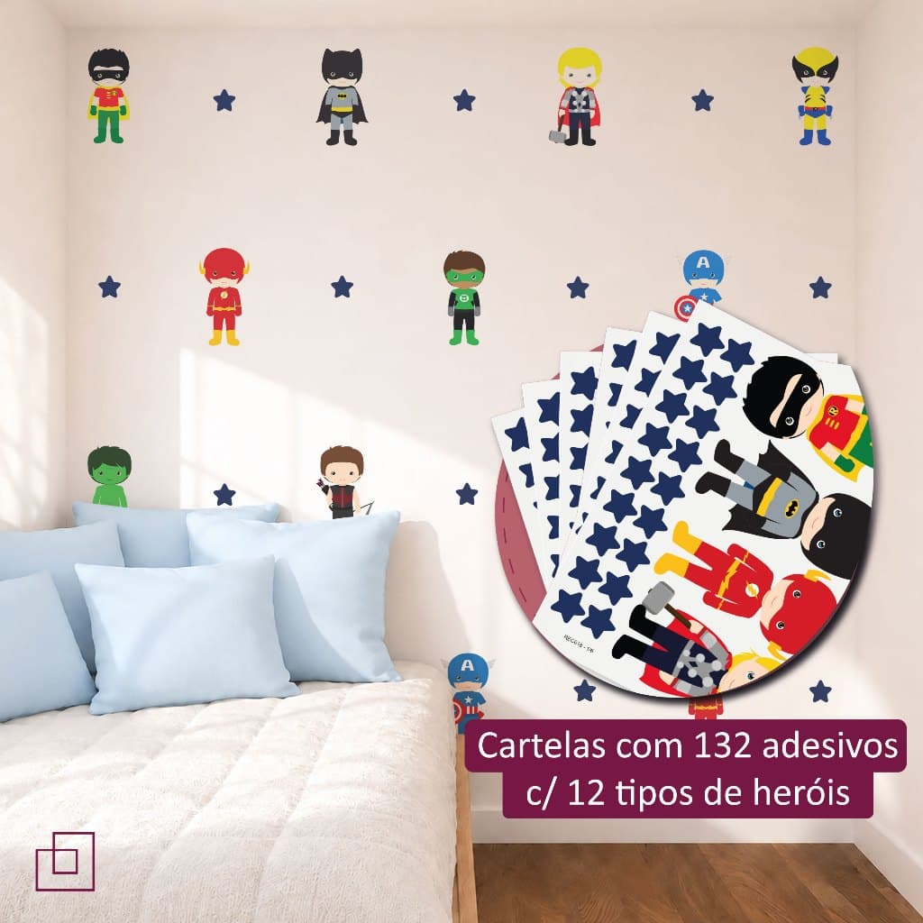 Kit 132 Adesivos Para Parede Heróis, Papel de Parede Infantil, Decoração Quarto Menino Vingadores