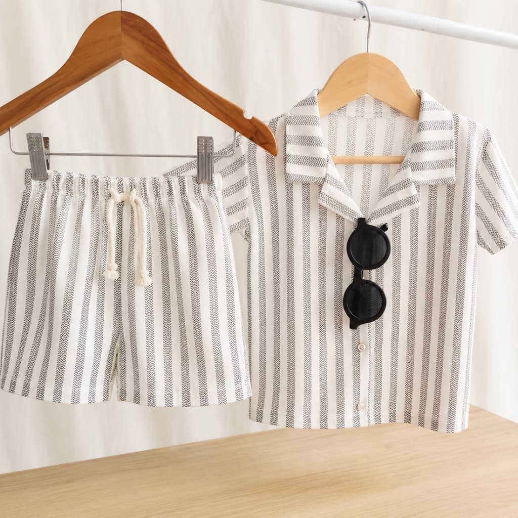 Conjunto Camisa e Short Mauricinho bebê- Tecido em LINHO LISTRADO 1- 8 ANOS MODA KIDS