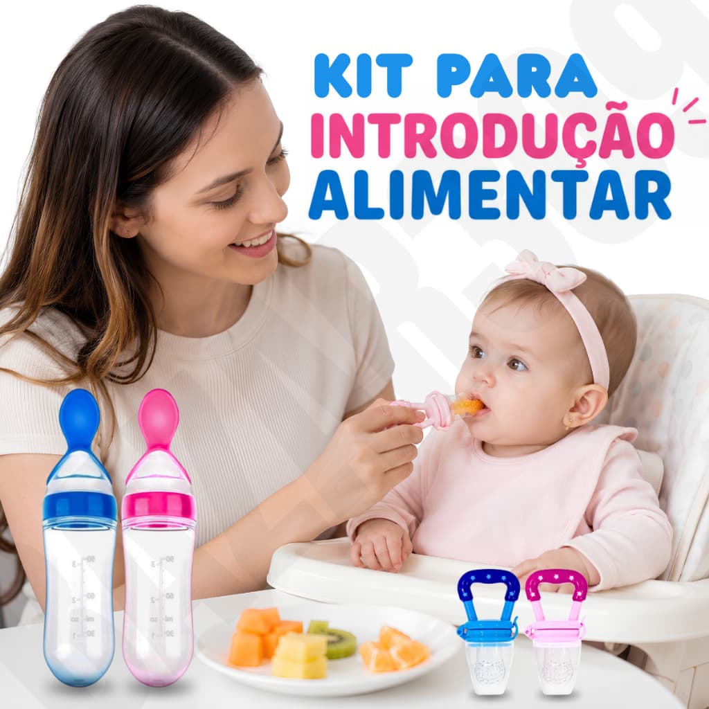 Kit IA para Introdução Alimentar Bebê Chupeta com Porta Frutas + Mamadeira de Silicone com Colher Dosadora