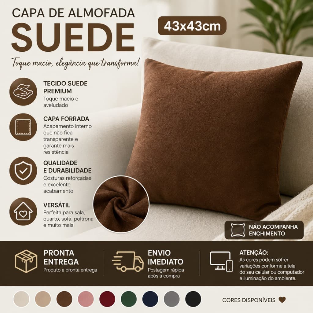 Capa de Almofada Suede Forrada 43x43cm | Macia, Elegante | Pronta Entrega