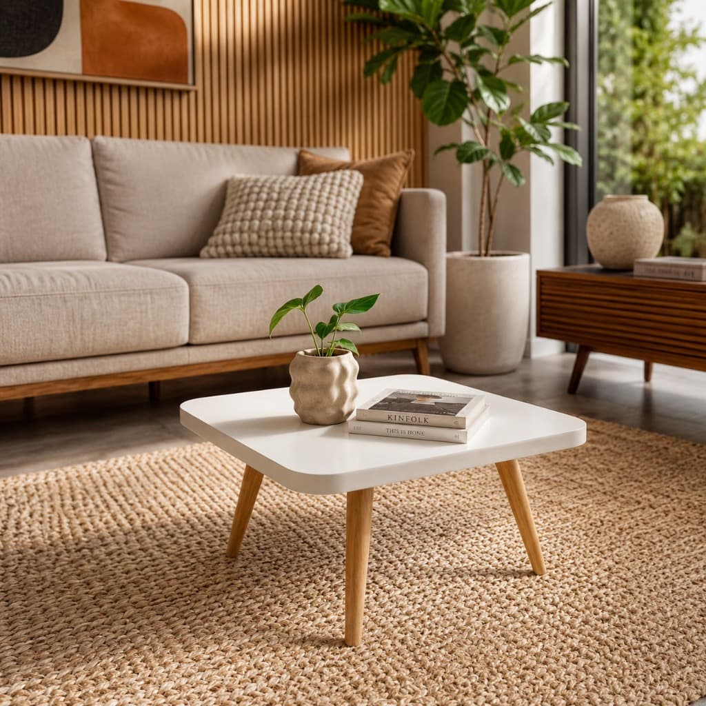 Mesa de Centro Nórdica Quadrada Branca MDF Pés Madeira Pinus Decorativa