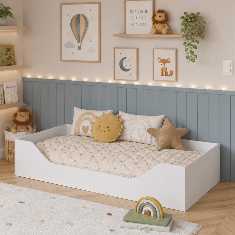 Mini Cama Infantil Luna Montessoriana Branco Em MDF Grade De Proteção Ideal Quarto Infantil Menino Menina - AV