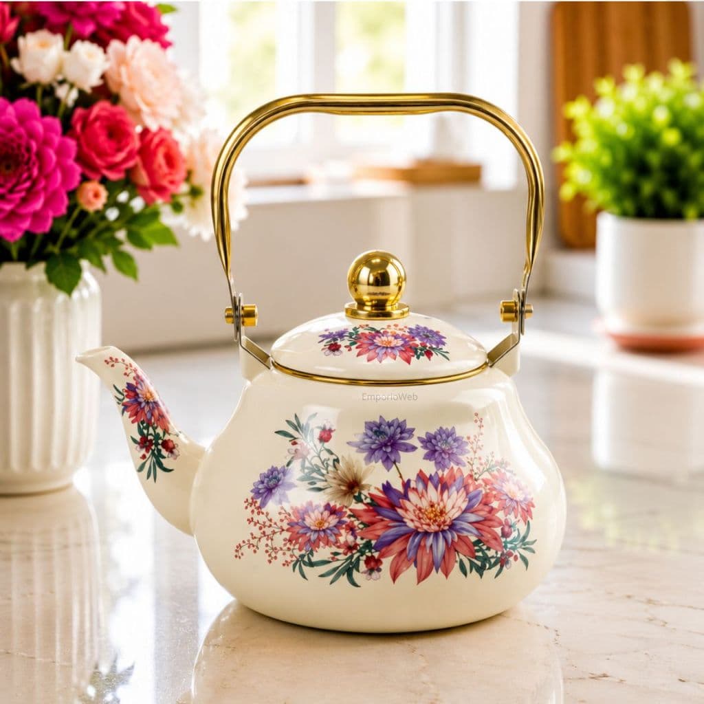 Chaleira Esmaltada Vintage Gás Chá Café Bule Estampado Alça Térmica Mesa Posta 2L