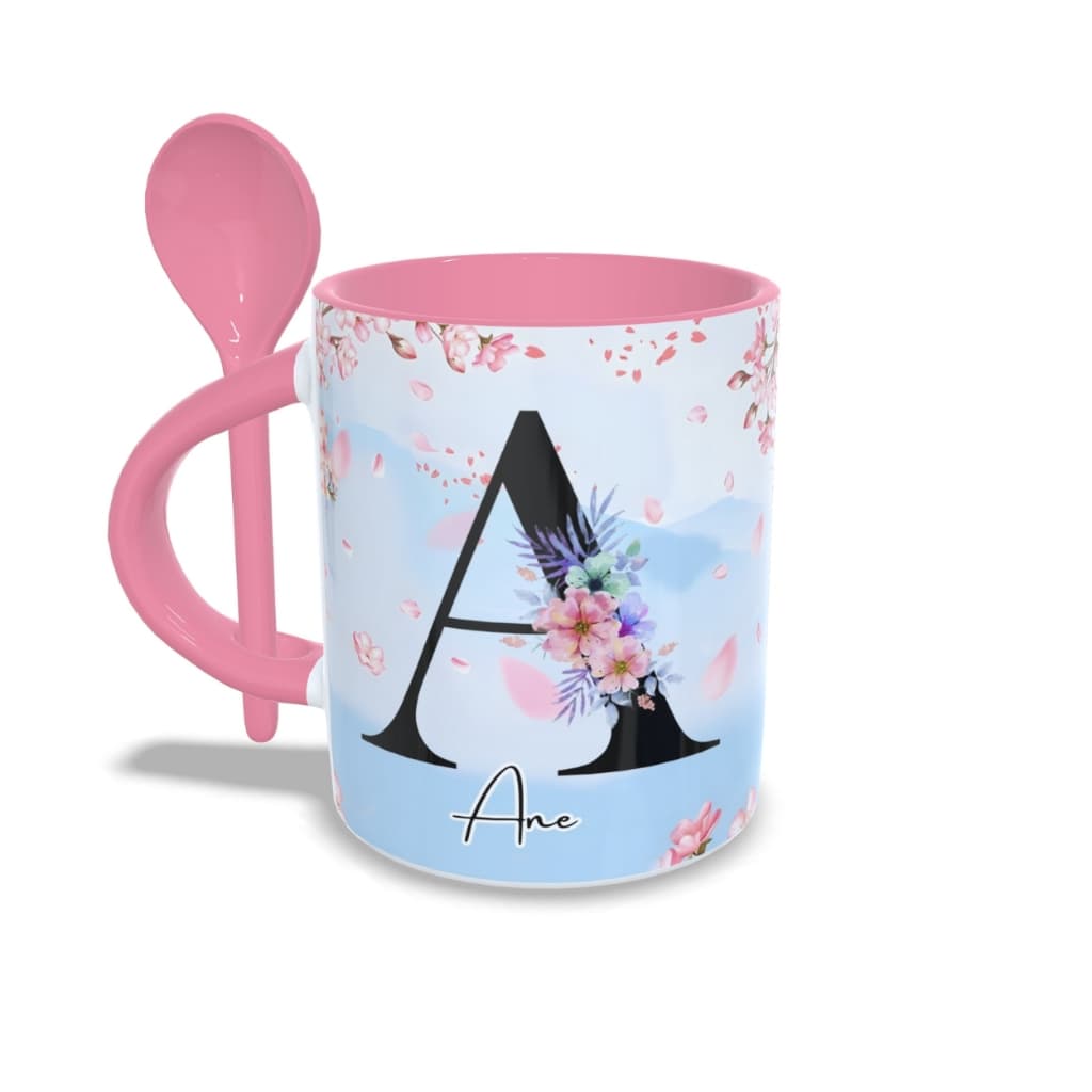 Caneca Personalizada Com Colher Letra Nome Frase Flores Diversos Modelos