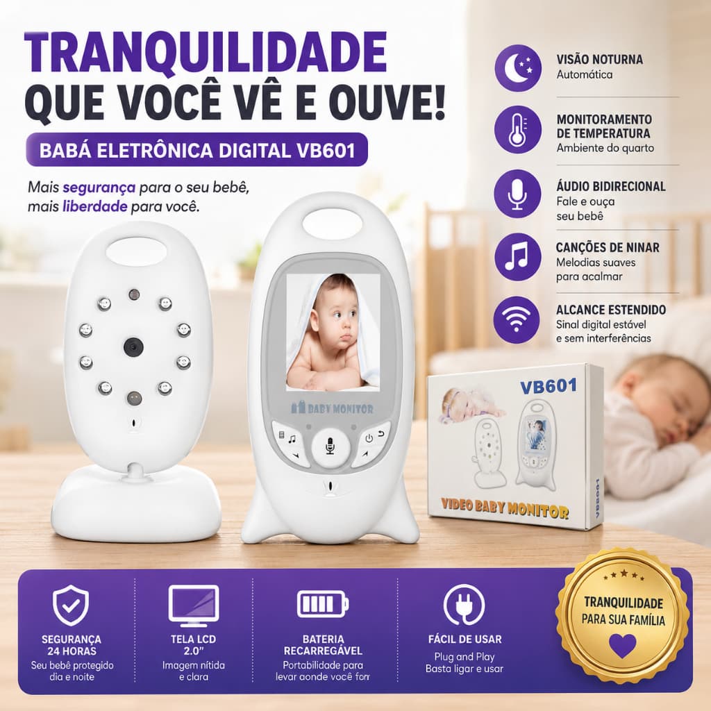 Babá Eletrônica com Câmera Visão Noturna LCD 2.0 Áudio Bidirecional Sensor de Temperatura Sem Wi-Fi VB601