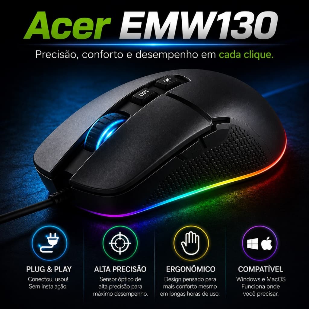Mouse Acer EMW130 Com Fio USB Óptico Ergonômico Alta Precisão Plug Play para PC Notebook Windows MacOS Preto