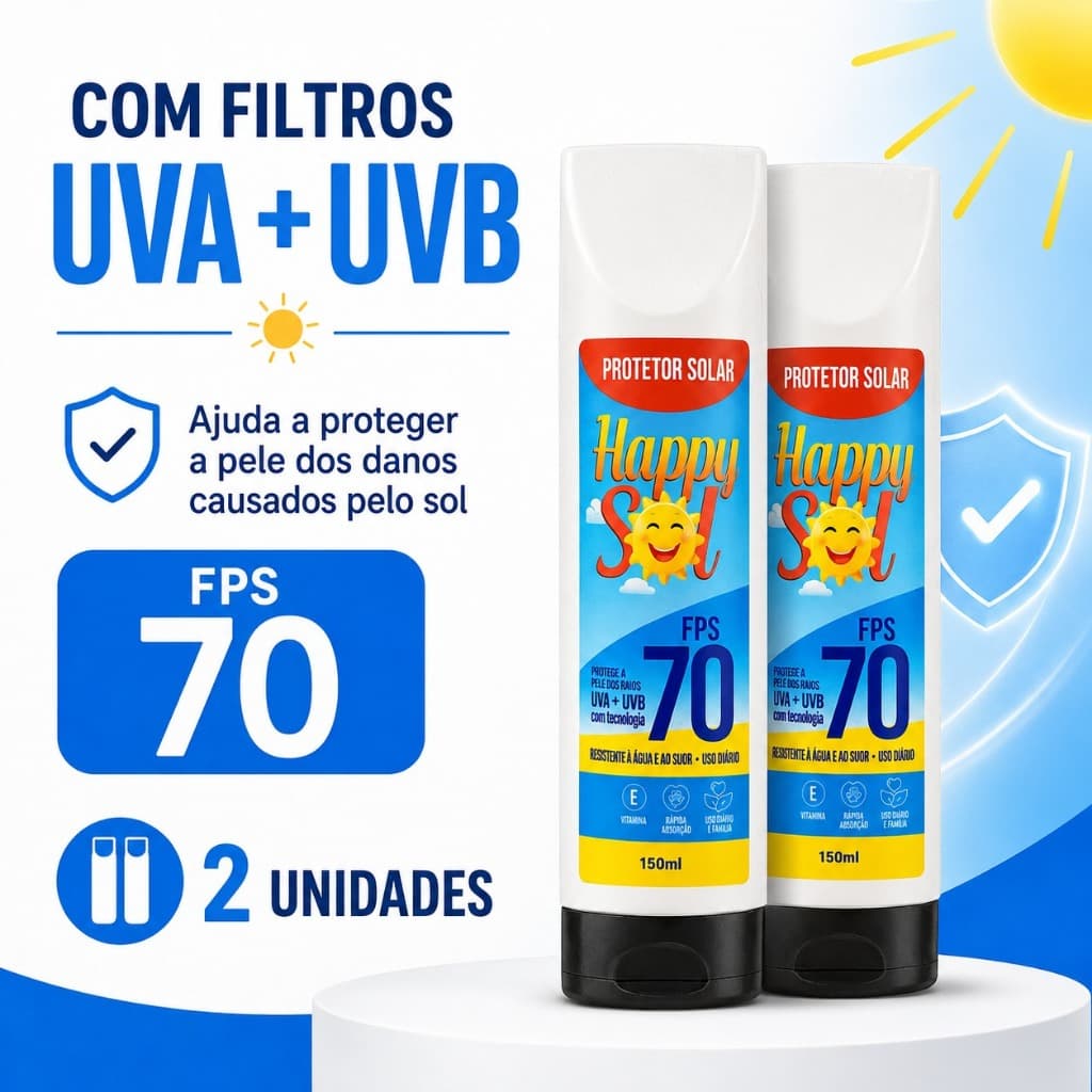 Kit 2 Protetor Solar Happy Sol FPS70 –Proteção E HIDRATAÇÃO, Facial e Corporal, 150mL, TOQUE SECO