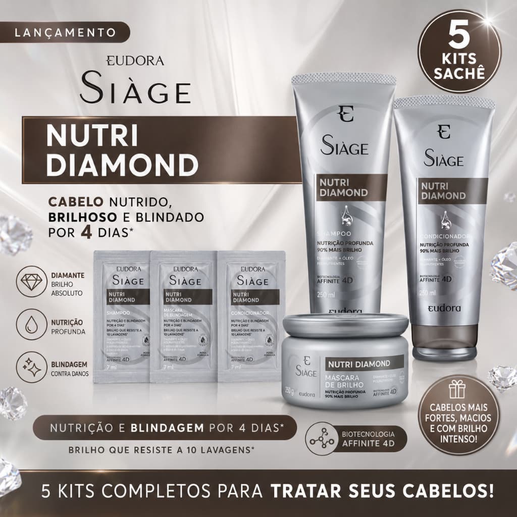 5 KITS SACHÊ SIÀGE Nutri DIAMOND LANÇAMENTO 2026  ou Óleos Poderosos Anti Frizz  Shampoo + Condicionador + Máscara