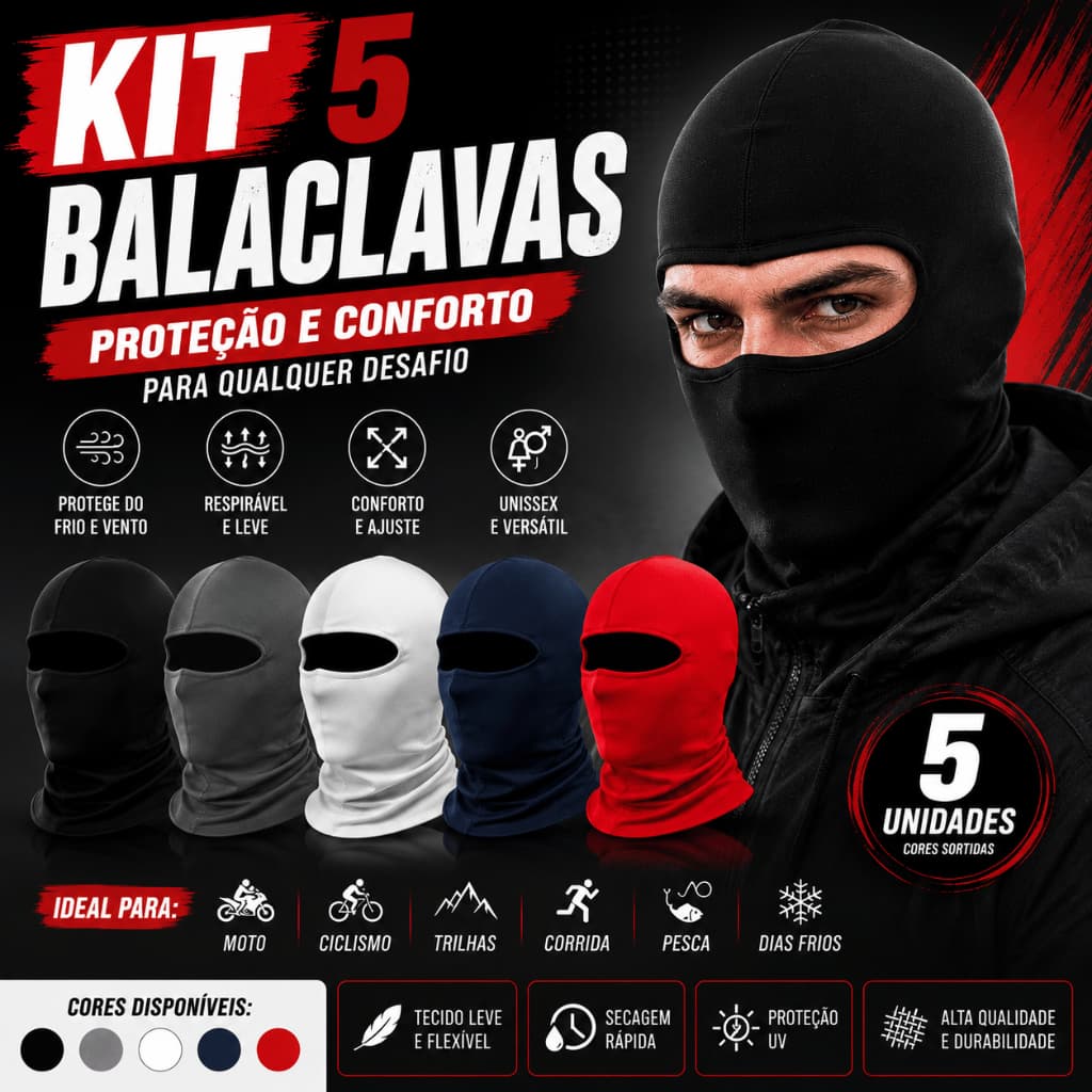 Kit 5 Touca Ninja Balaclava Toca UV+50 Proteção Solar Térmica Motoqueiro Motoboy touca preta