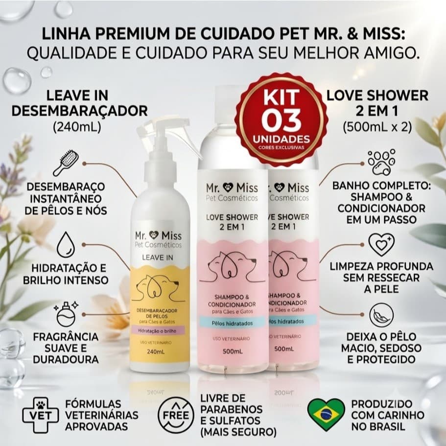 kit PET 2  Shampoo e condicionador    2X1 - 500m, Desembaraçador De Pelos Cães E Gatos Mr. Miss Pet Cosméticos