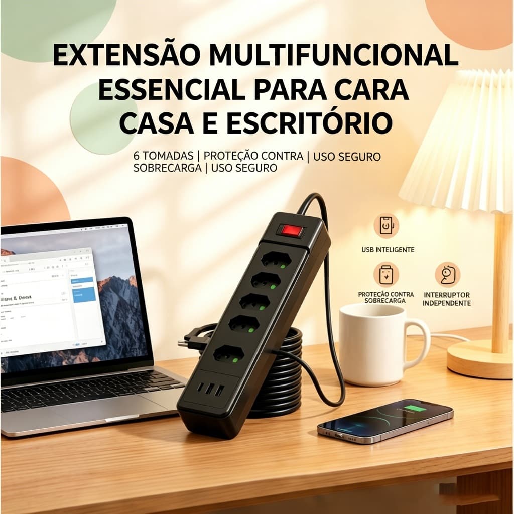 Filtro de Linha 5 Tomadas Com Portas USB Carregamento Rápido