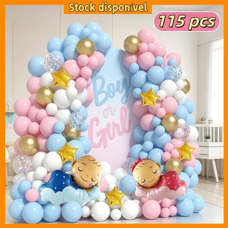 Kit Balão Arco 115pç Chá Revelação Menino Menina Azul Rosa Decoração Festa Bebê Chuveiro Baby Shower