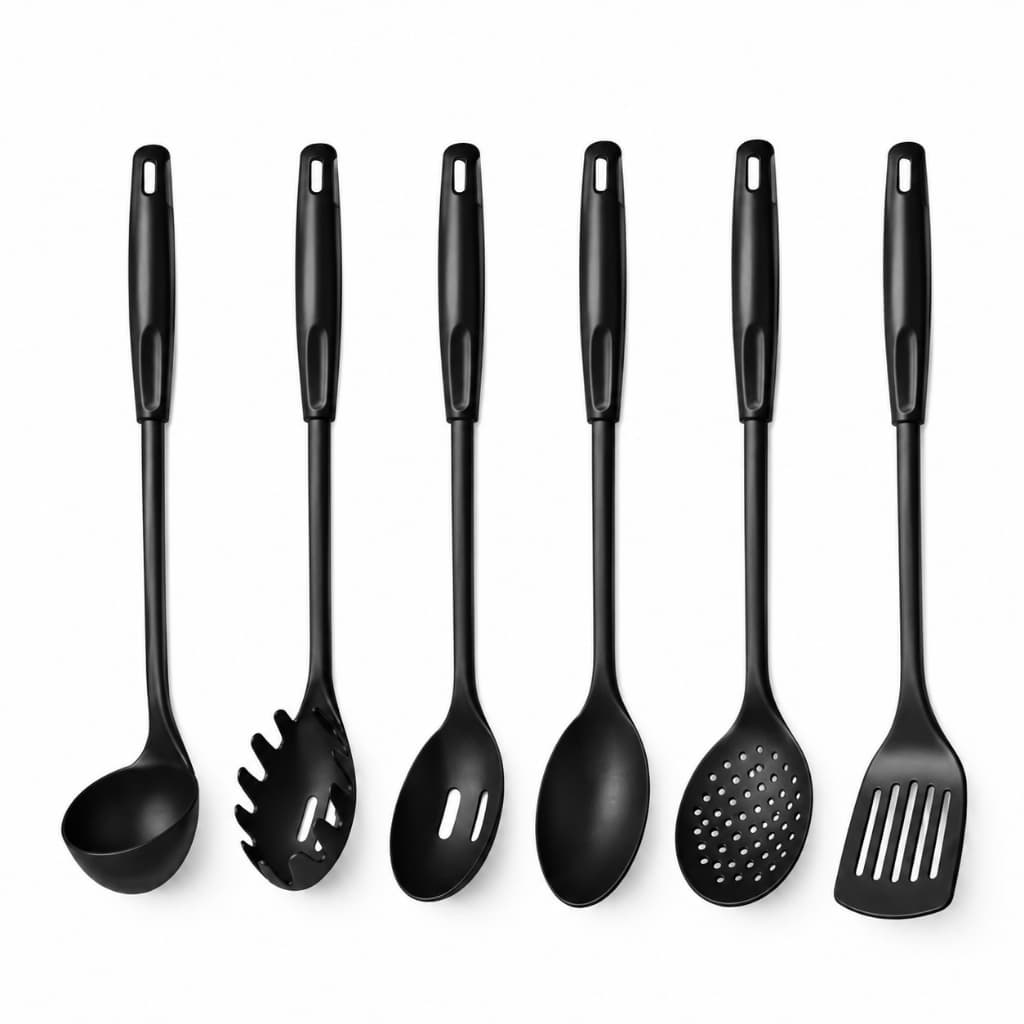 Kit 6 Utensílios de Cozinha em Nylon Antiaderente Colher Espátula Concha Escumadeira