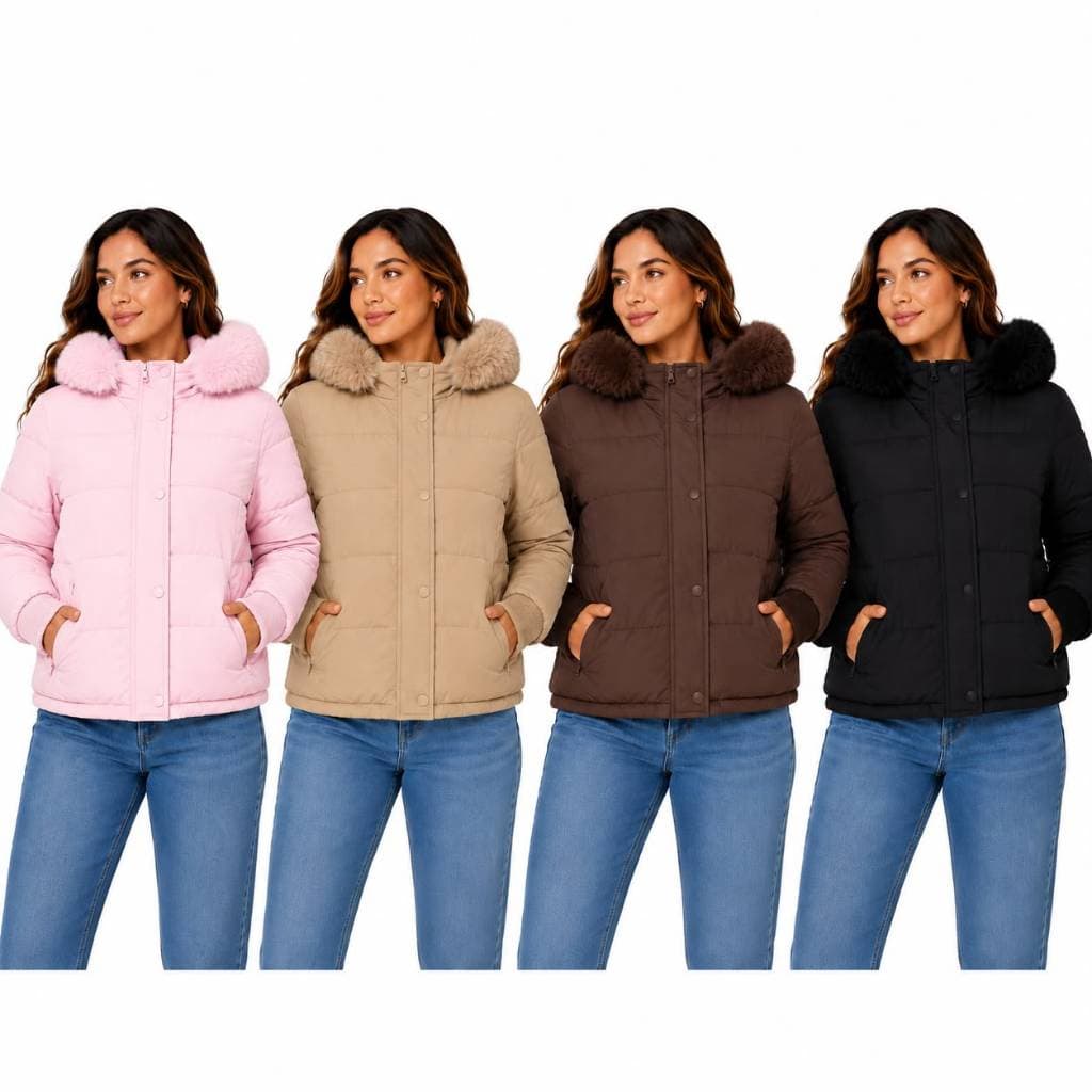Jaqueta Puffer Feminina Capuz com Pelúcia Removível Inverno Casaco Térmico Forrado Grosso Premium