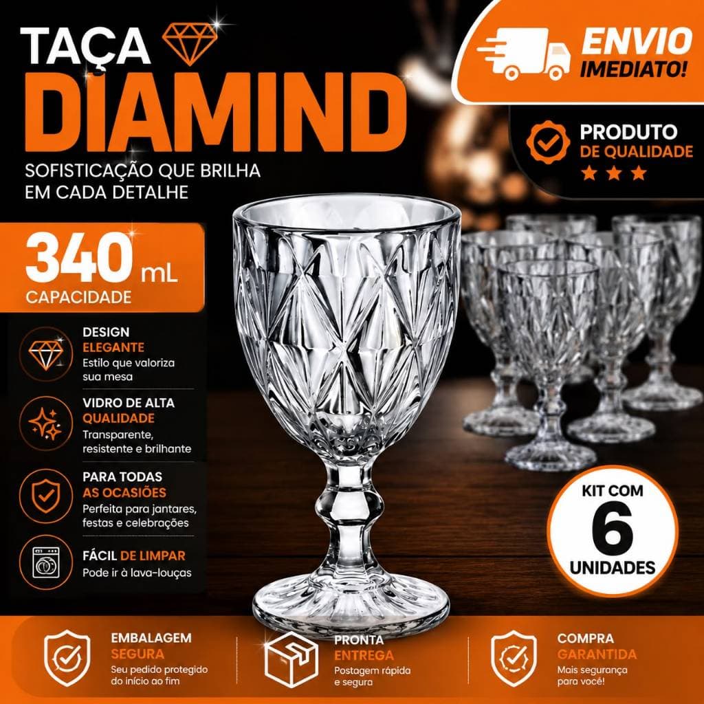 Jogo Taças Vidro Diamond Bico Jaca Abacaxi Conjunto Taça Para Água Vinho Tinto Suco Diamante