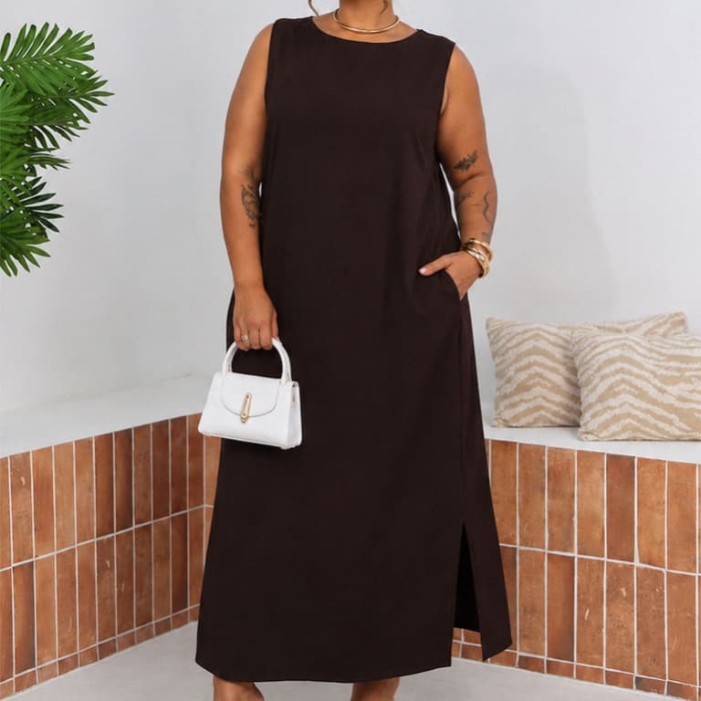 Vestido Feminino Longo Plus Size Bolsos e Fendas Laterais Evangélico Casual Trabalho de Marrante