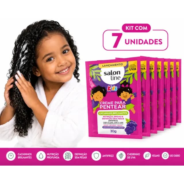 ✨ Kit Salon Line Kids Cachinhos Brilhantes – 7 Sachês Creme para Pentear 30g