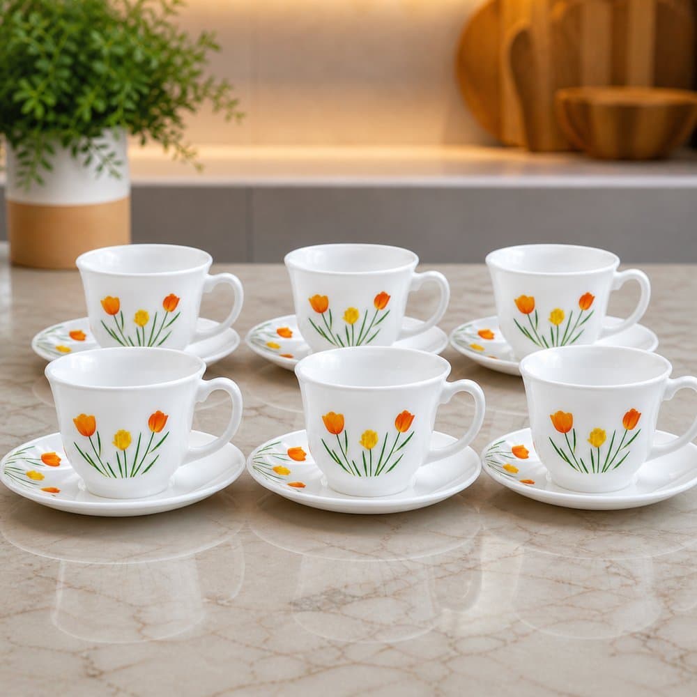 Conjunto 6 xícaras chá brancas pires 12 peças porcelana decoradas tulipas café leite