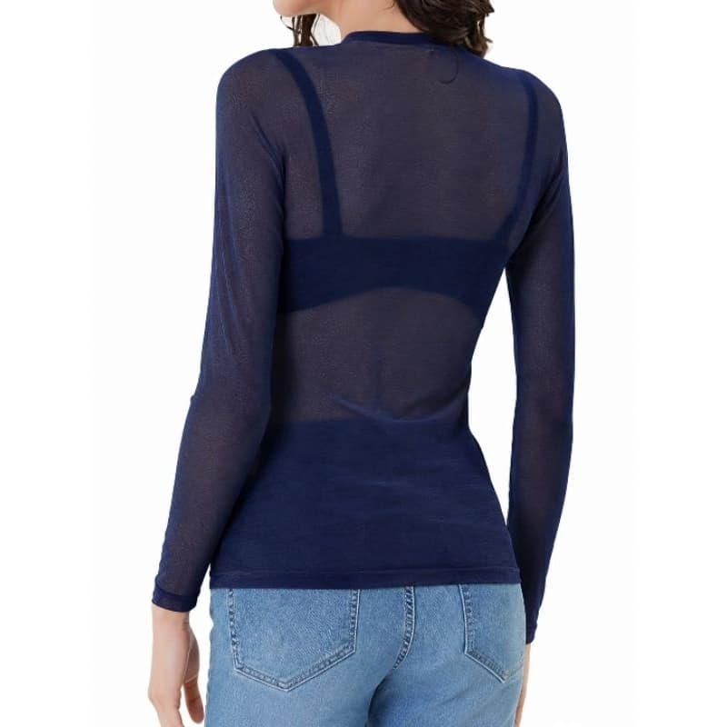 Blusa Segunda Pele Azul-Marinho Tule Transparente Manga Longa P M G GG