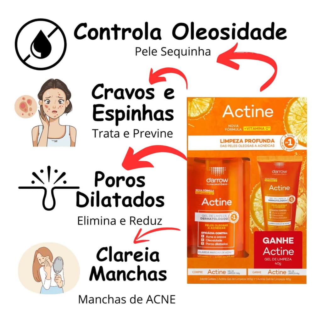 Kit Gel Limpeza Actine Darrow Vitamina C 140g 40g Antiacne Limpeza Profunda Controle Oleosidade