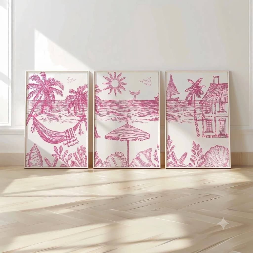 Quadros Decorativos Praia Mar Coqueiro Rosa Linhas Minimalista Boho Quarto Sala Casa (3 peças)