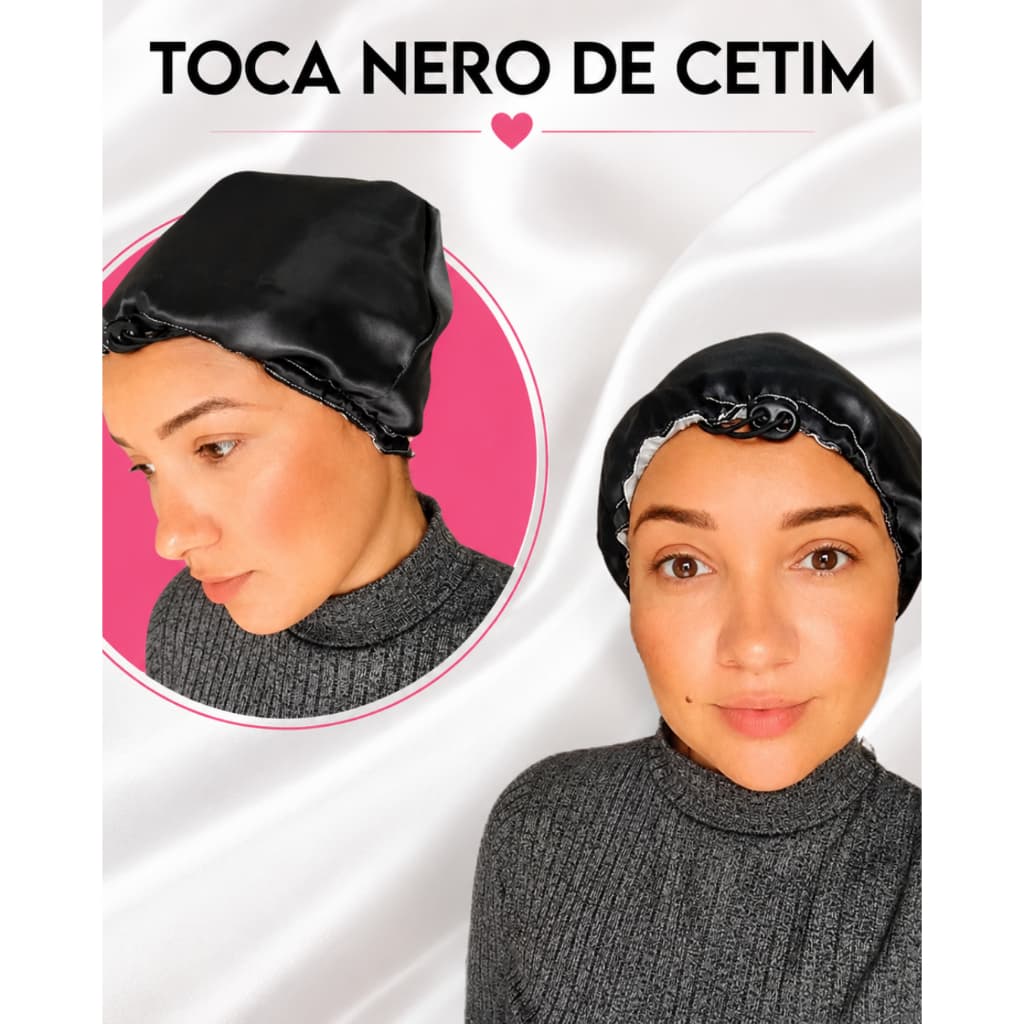Touca Nero de Cetim Dupla Face com Regulador Ajustável Antifrizz Proteção Capilar Luxo