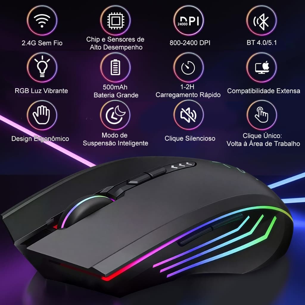 Mouse gamer sem fio Bluetooth com conectividade tri-mode, design ergonômico e ajuste de DPI em quatro níveis.
