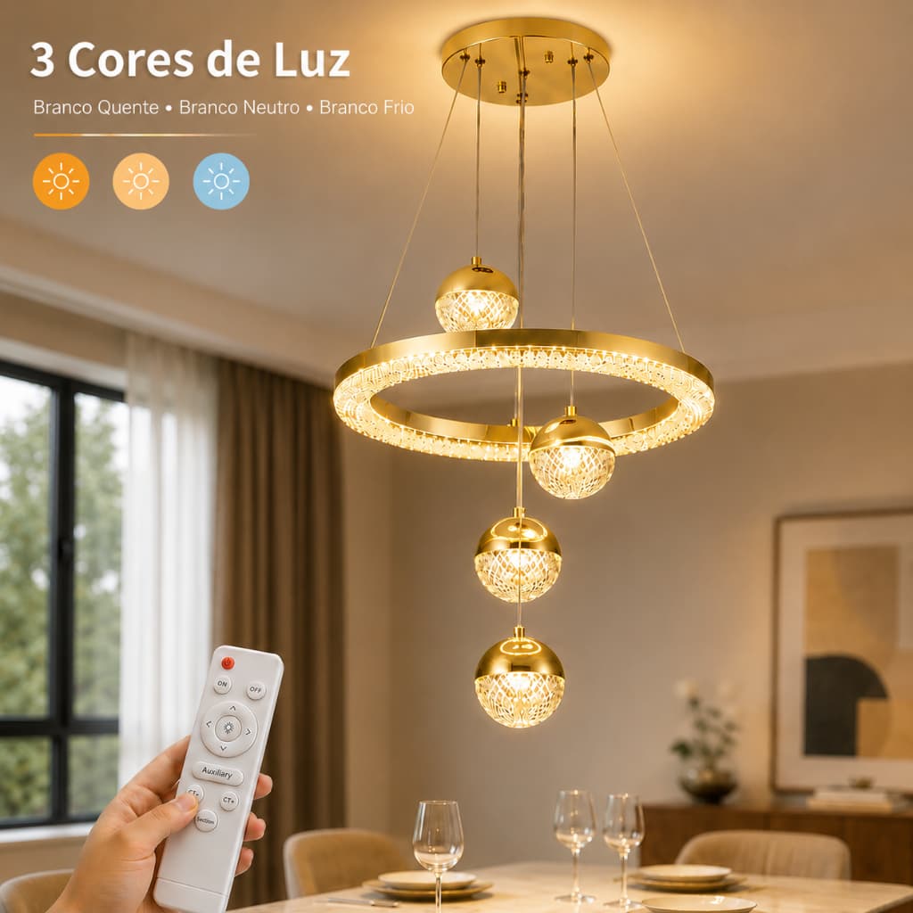 3 Cores Lustre de Cristal LED Luxo com Controle Remoto para Sala de Jantar Quarto Cozinha