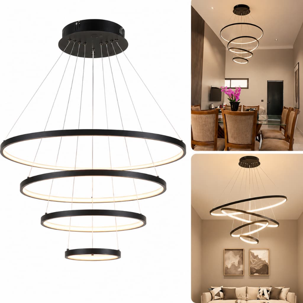 Lustre Pendente Moderno Anéis 4 Arcos Pe Direito Duplo Alto Cor Preto 110V/220V Led Interno e externo