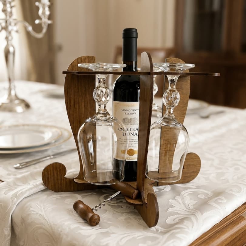 Adega Suporte de 4 taças e Vinho ou Espumante 1L para Mesa Cozinha e Sala em MDF