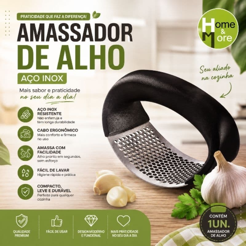 Amassador de Alho em Aço Inox Manual com Cabo Ergonômico – Resistente e Fácil de Limpar