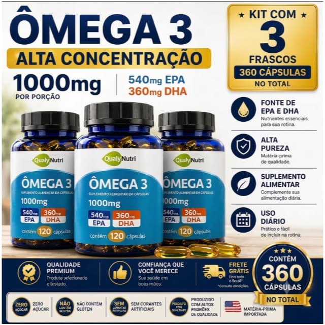 Ômega 3 1000mg 360 Cápsulas Tripla Fonte EPA 540mg DHA 360mg Óleo de Peixe de Alta Concentração