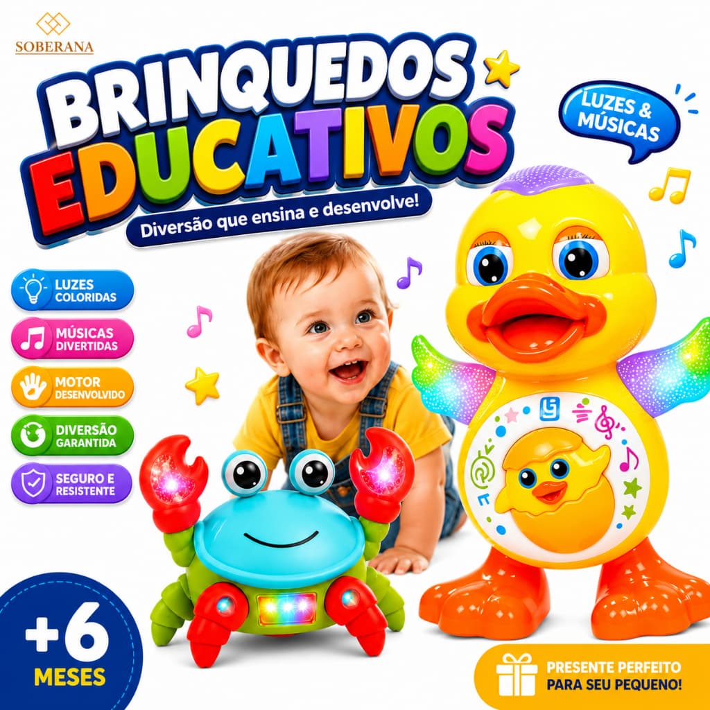Caranguejo Fujão e Patinho Dançante Pato Brinquedo Infantil Com Luz Som e Movimento