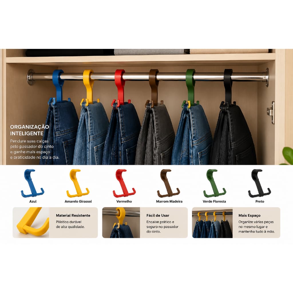 Cabide Organizador Multifuncional para Calças e Jeans | Gancho para Guarda-Roupa | Economiza Espaço