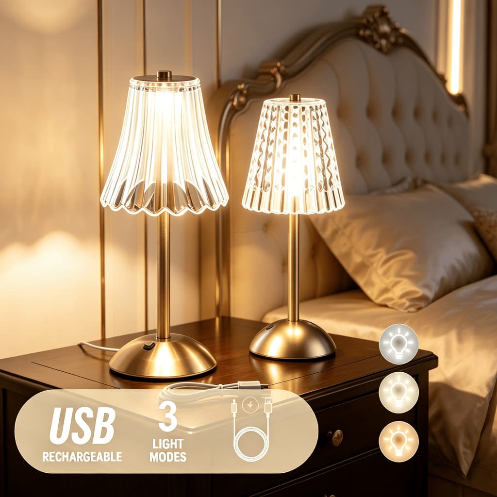 Luminária de Mesa 3 Tons Abajur Cristal Candeeiro Cabeceira LED Recarregável Decoração Sala Quarto