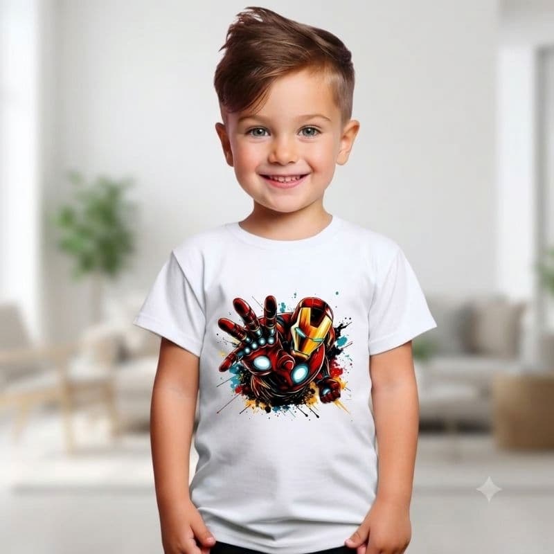 Camiseta Infantil 100% Algodão Menino Estampa Super Herói Robô Armadura Colorida Confortável