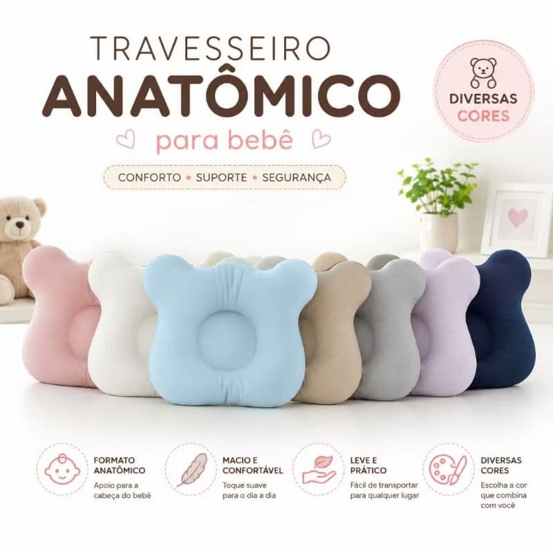 Travesseiro anatômico com orelhinhas para bebê | conforto, suporte e segurança, recém-nascido