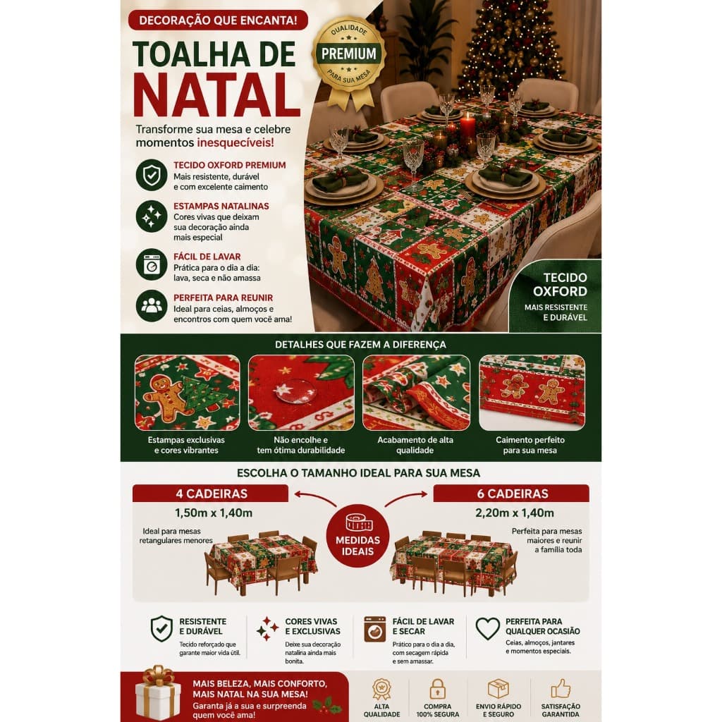 Toalha de Mesa Natalina Oxford Premium – Estampas de Natal para 4 ou 6 Cadeiras