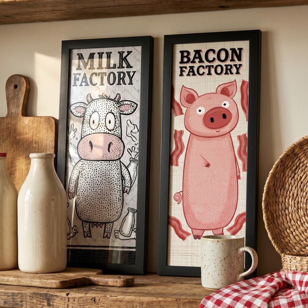 Kit 2 Quadros Decorativos Cozinha Porco Vaca 18x45cm Com Vidro Moldura Madeira Fazenda Humor