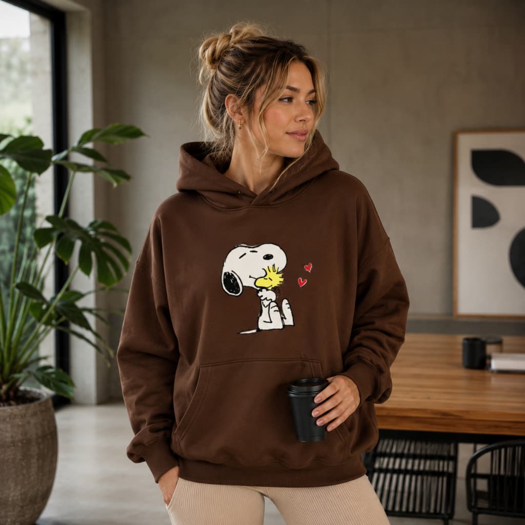 Moletom Canguru Feminino Snoopy e Woodstock Flanelado Blusa de Frio Casaco Dia a Dia Atemporal