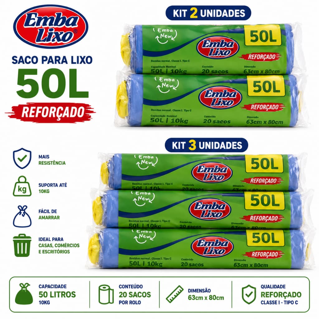 kit 60 Sacos de Lixo Embalixo 50 Litros Reforçado 20 Unidades 10kg