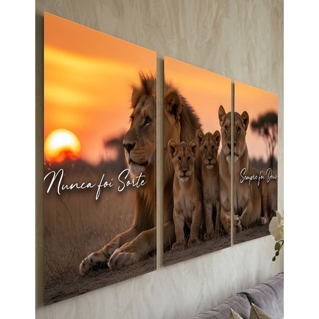 Quadro Decorativo Mosaico 3 Peças Leão Família Nunca Foi Sorte Sempre Foi Deus Sala Quarto MDF