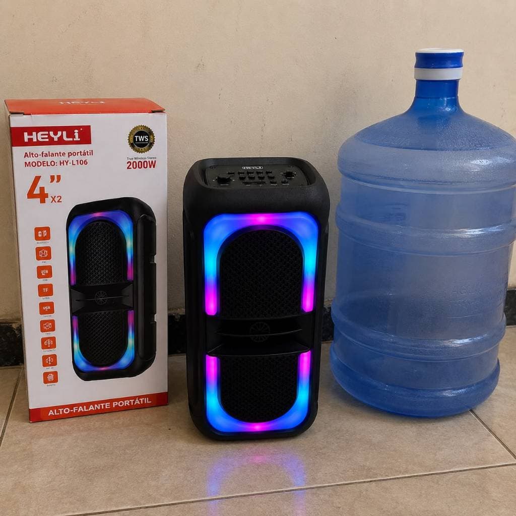 Caixa de Som Karaokê Bluetooth 2000W PMPO Portátil TWS LED RGB USB Rádio FM Entrada para Microfone Heyli