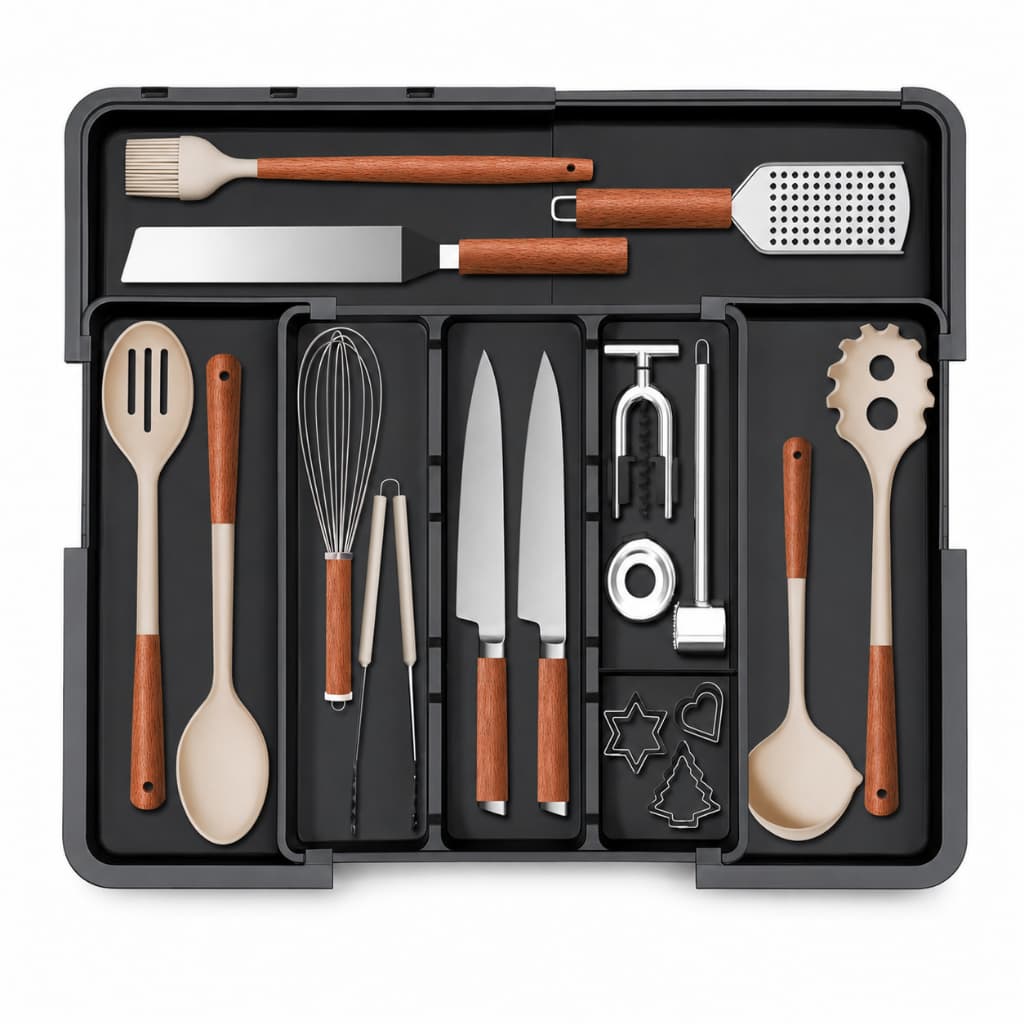 Organizador de Talheres Extensível para Gaveta 8 Compartimentos Ajustável Porta Talheres Cozinha Preto