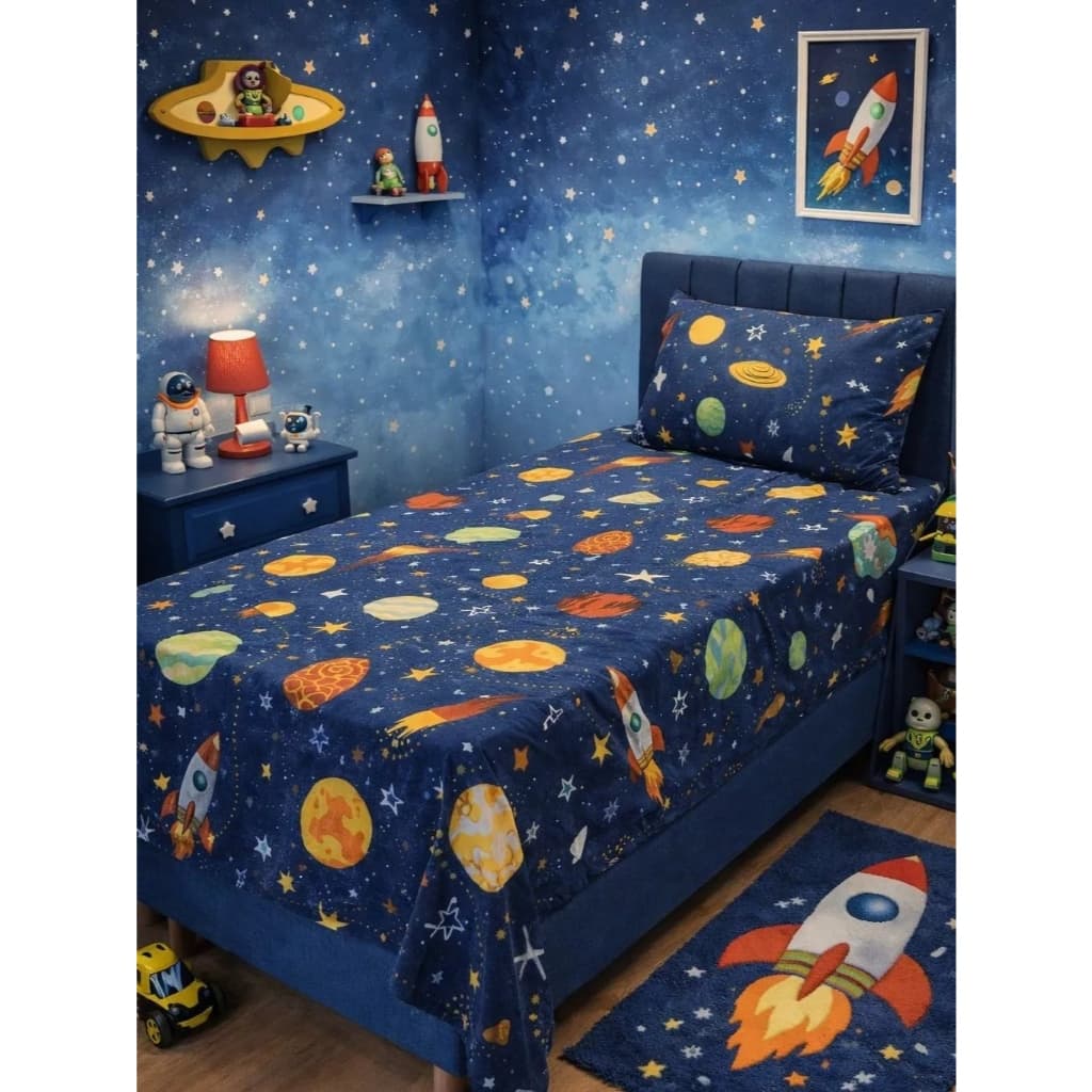 Jogo Lençol  Com Fronha Cama Infantil Solteiro Temático Estampado 1,50m x 2,25m Colorido Confortável
