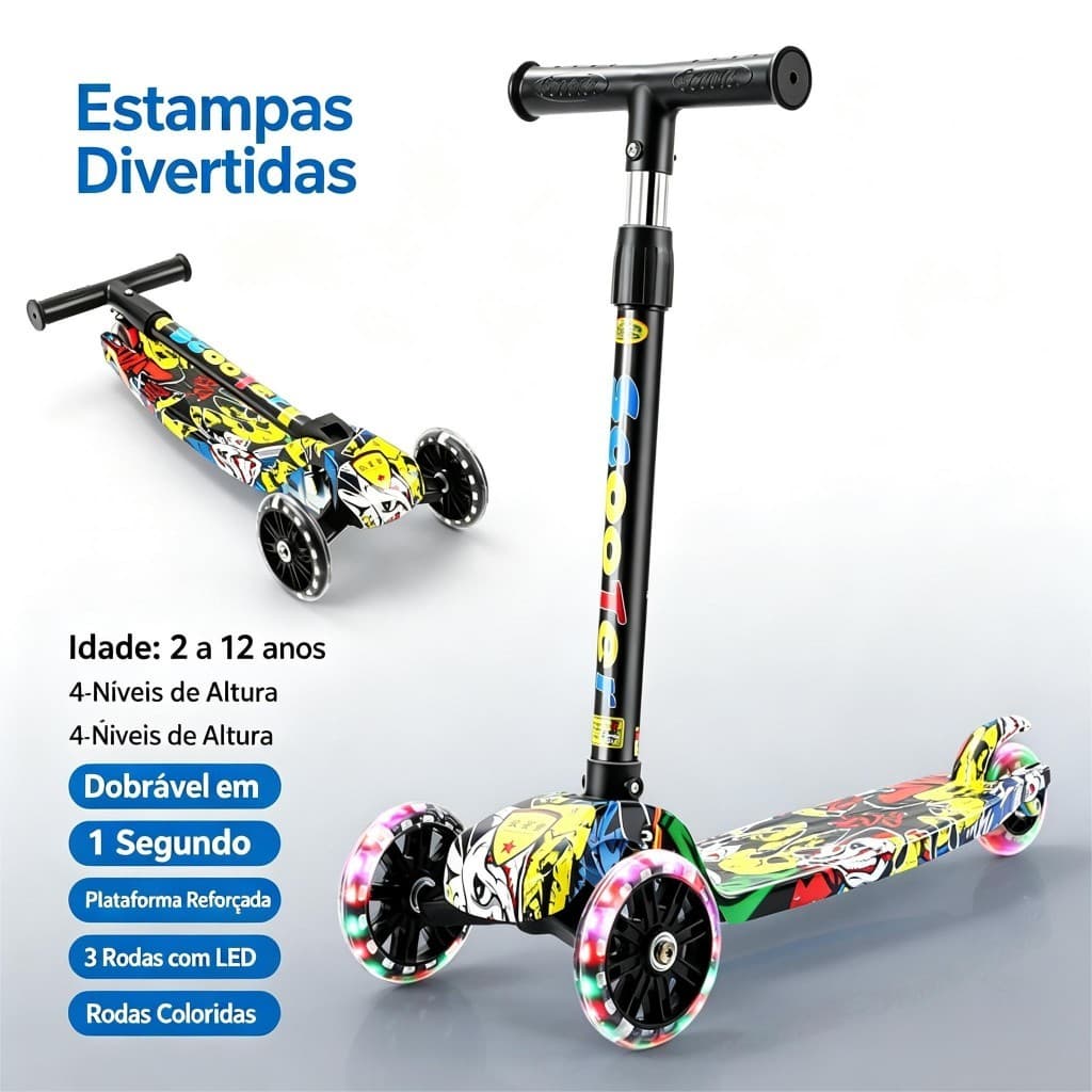 Patinete Infantil 4 Rodas LED Dobrável Altura Ajustável Brinquedo Seguro Criança 2-6 Anos