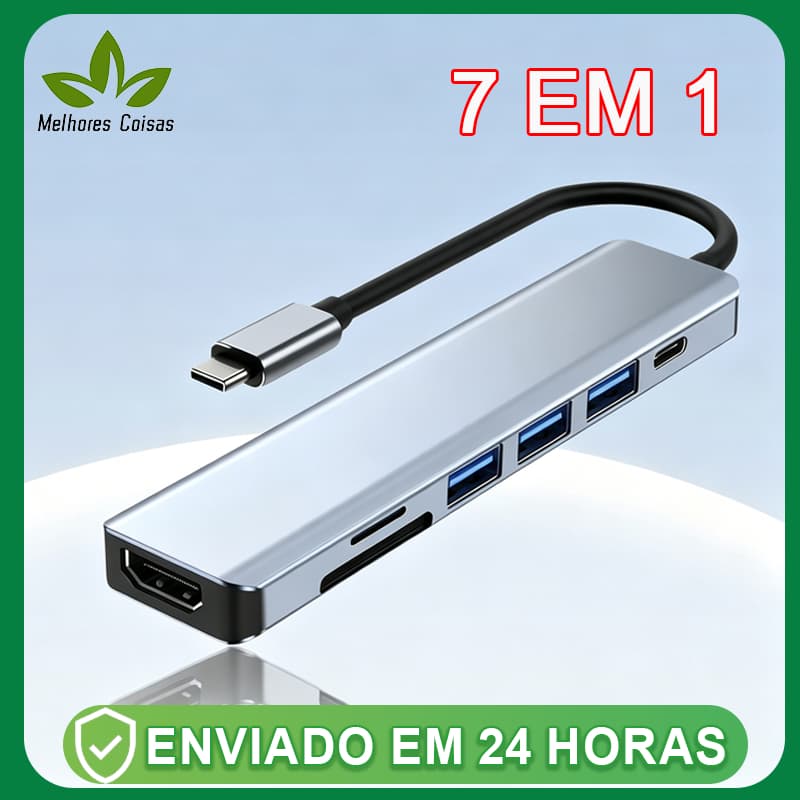 Hub USB-C 7 em 1 HDMI 4K RJ45 USB 3.0 SD TF PD Adaptador Notebook Celular,Plug & Play e Portátil