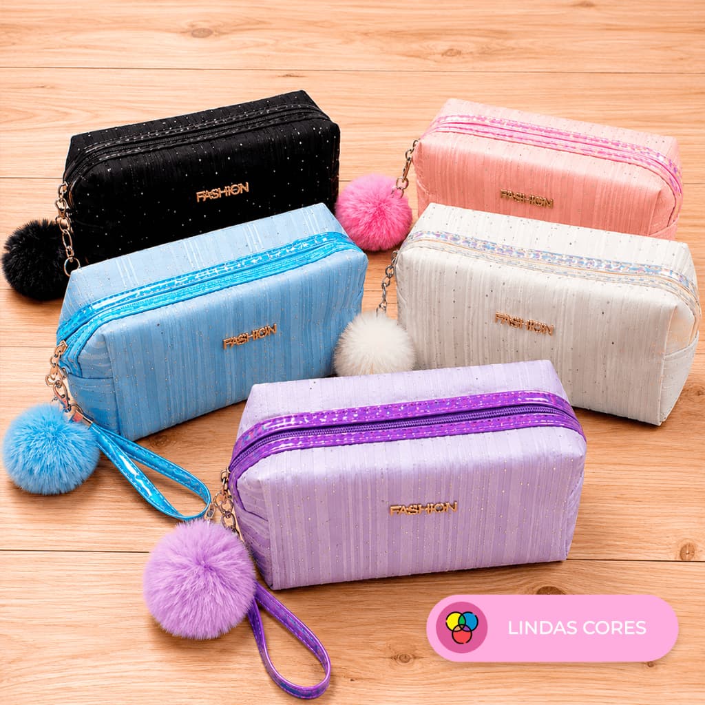 Nécessaire Organizadora Colorida com Alça de Mão Chaveiro de Pompom Versátil Moderna e Ampla