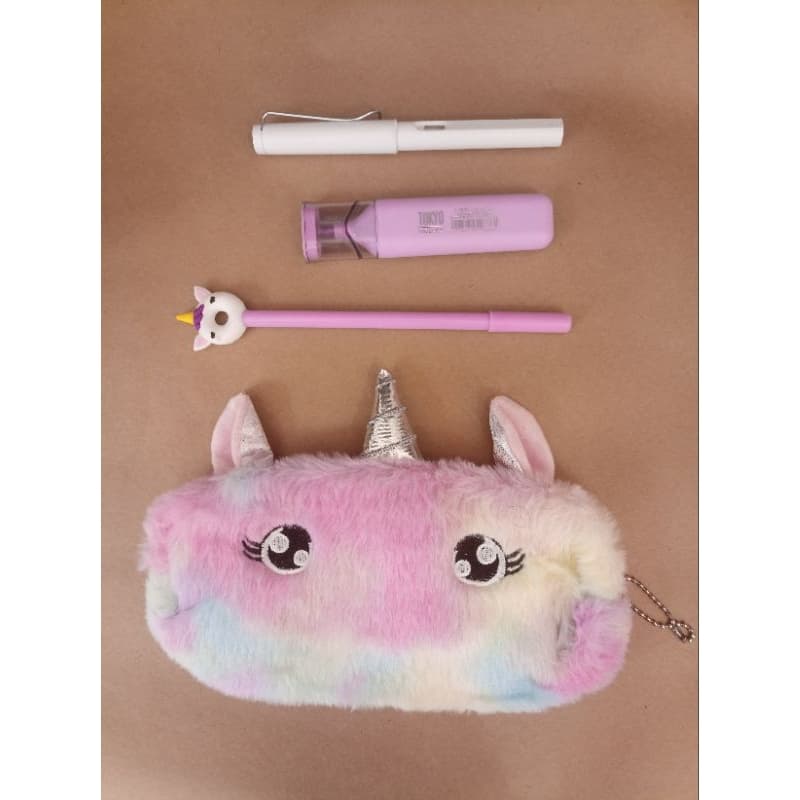 Kit Papelaria Kawaii Unicórnio Estojo Pelúcia Caneta Decorada Marca-Texto Lilás Lápis Infinito