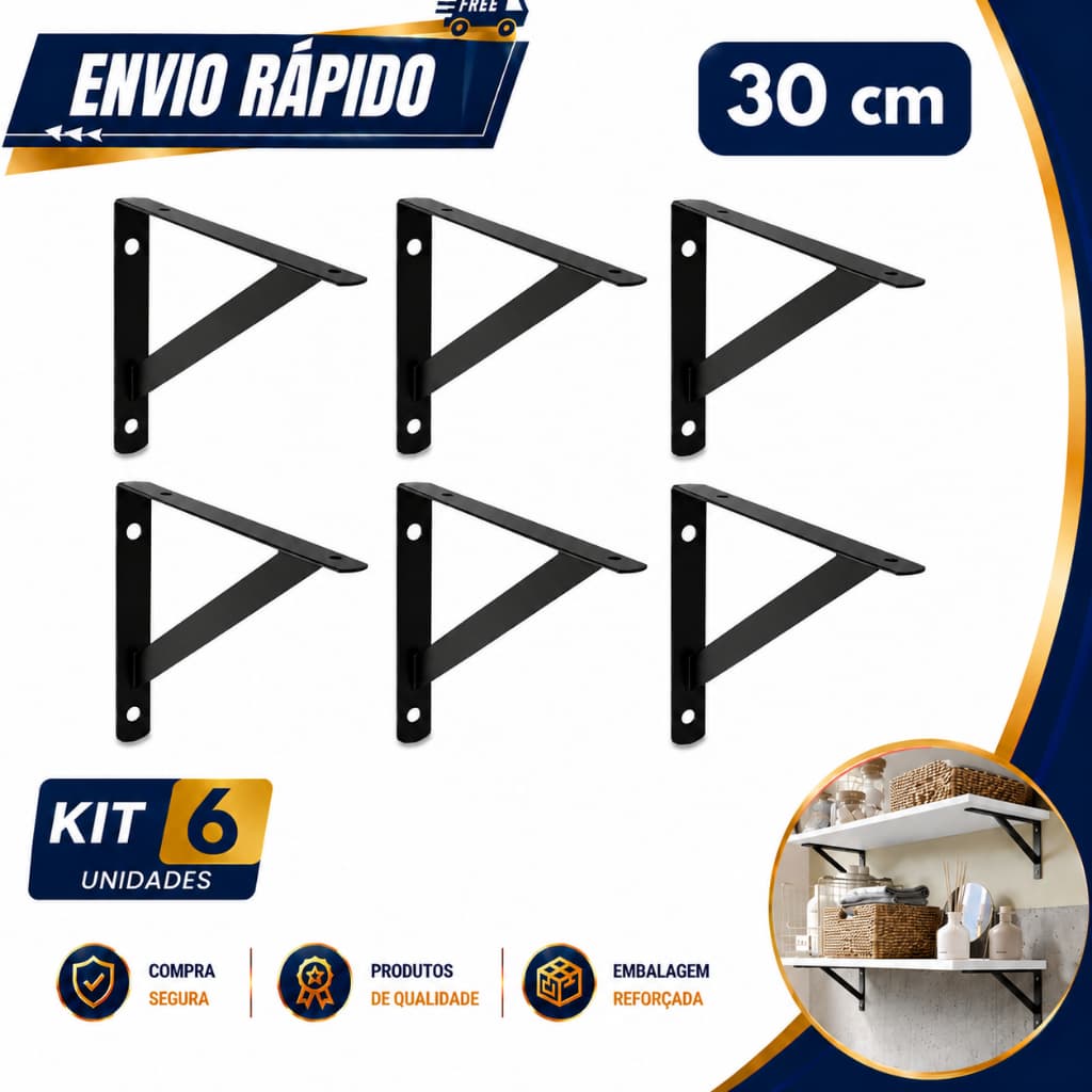 Kit 6 Suportes 30cm com Mão Francesa para Prateleira, cor Preta